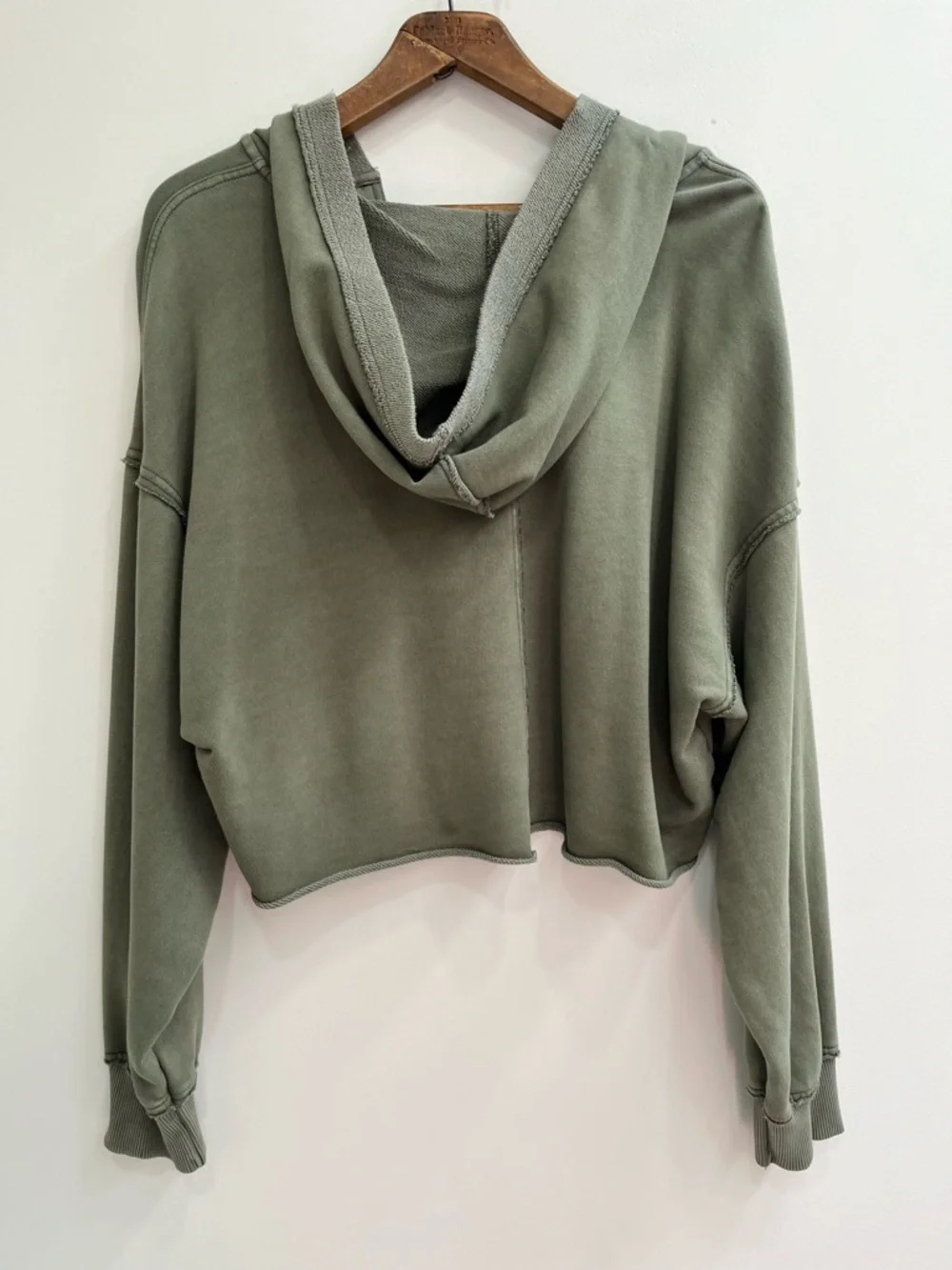 Aerie Cropped Open Neck Hoodie Sweatshirt Olive Sage Green Relaxed Casual Large - Picture 3 of 11